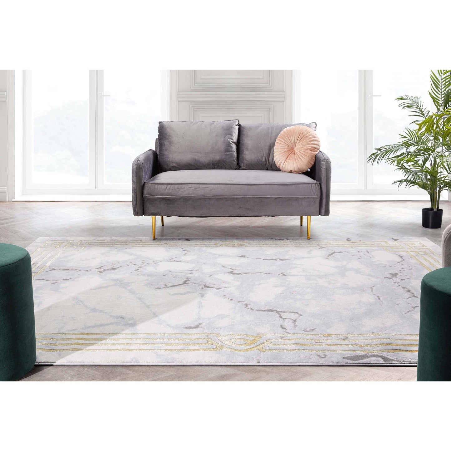 Huntington Retro Marble Border Ivory Glam Rug: 7'10" x 9'10"