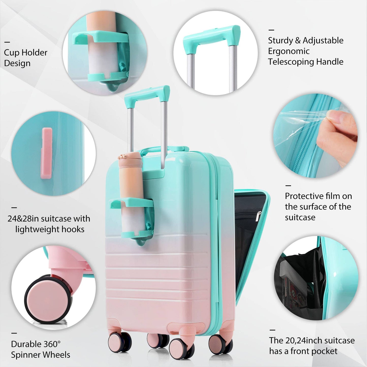 Luggage Set of 3, 20, 24, 28inch with USB Port: Blue