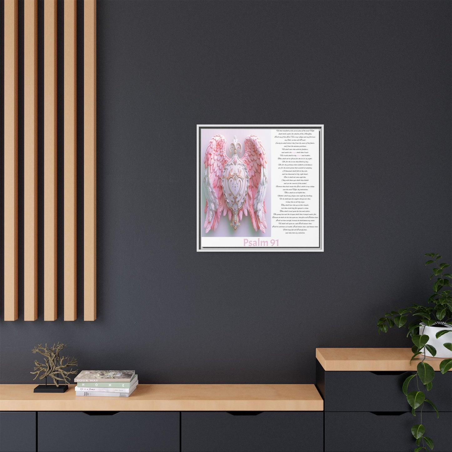 Psalm 91 Angel Wings Matte Canvas Framed Wall Art — Devotional Prayer Quote