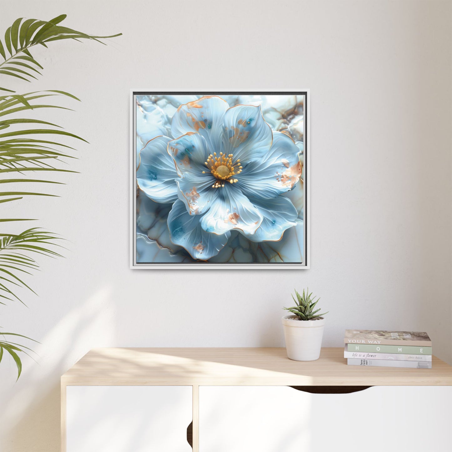 Elegant Sky-Blue Floral Matte Canvas Wall Art – Framed in White, Black, or Espresso | Modern Home & Office Decor