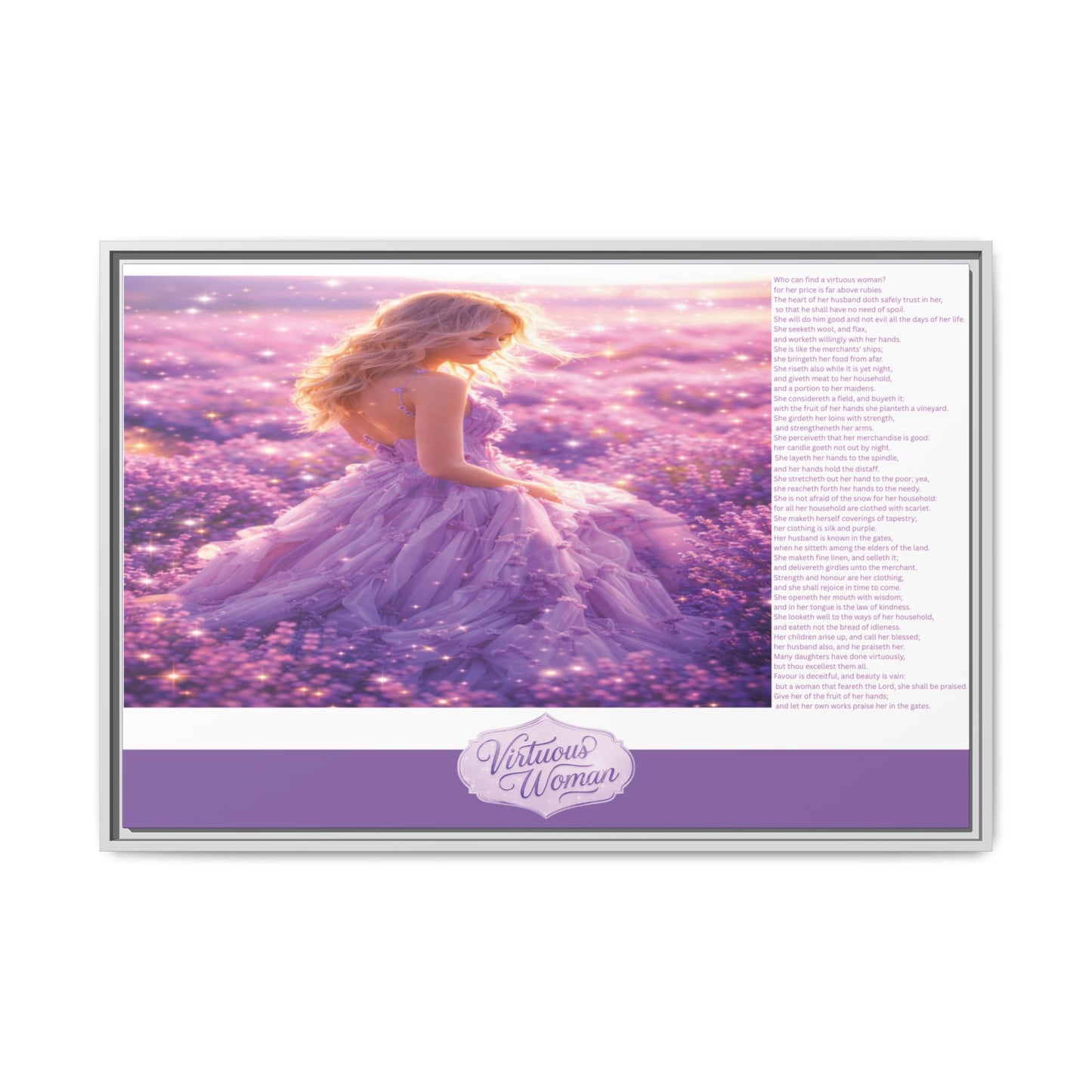 Virtuous Woman Canvas Wall Art – Proverbs 31 Scripture Inspired Lavender Field Painting, Elegant Christian Home Décor, Matte Framed Canvas Print