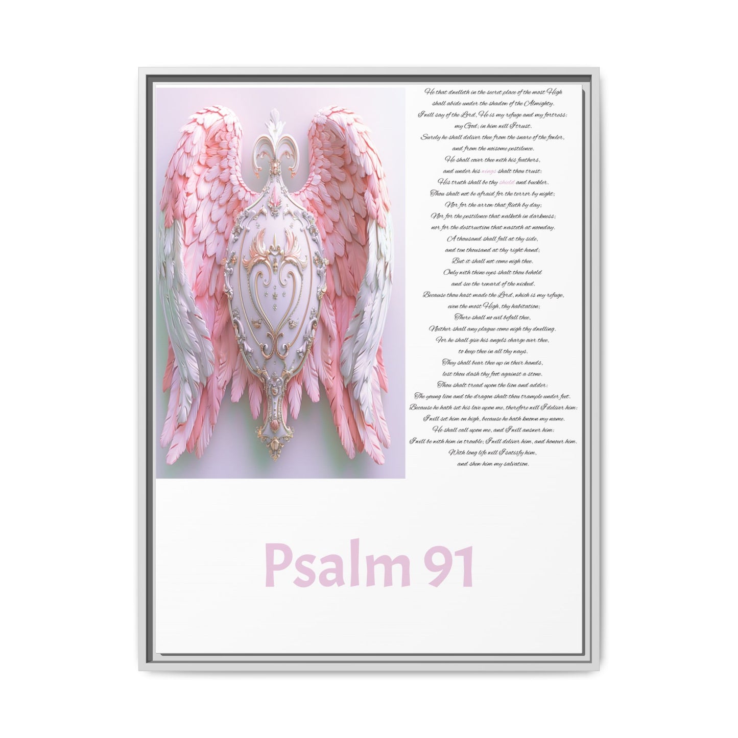 Psalm 91 Angel Wings Matte Canvas Framed Wall Art — Devotional Prayer Quote