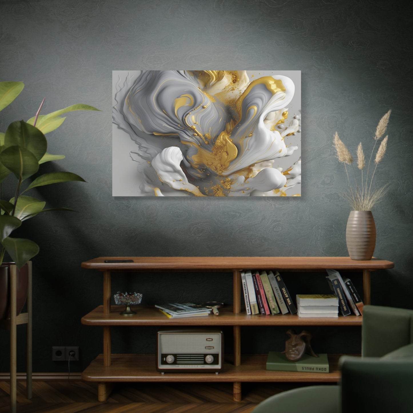 Gold, White, and Gray Liquid Fluid Modern Wall Art