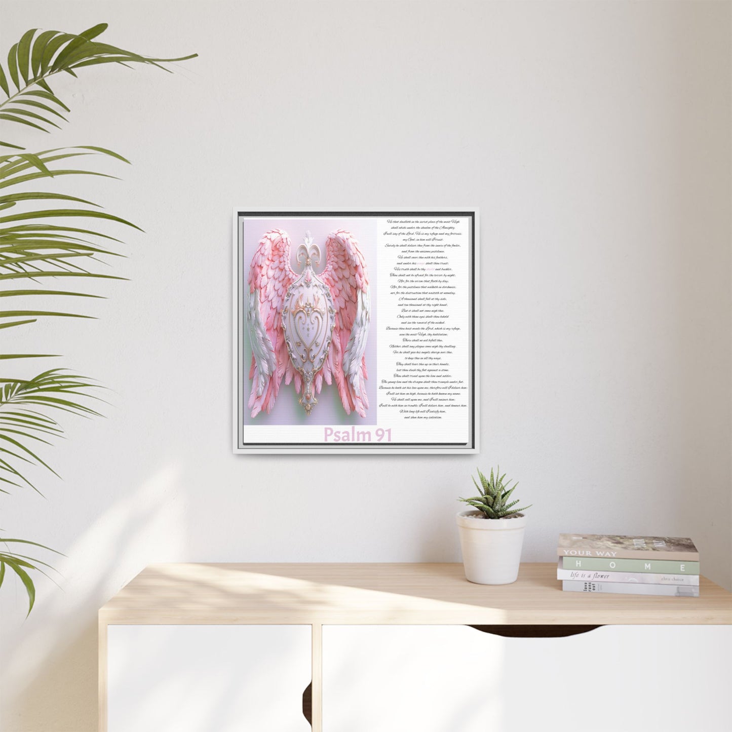 Psalm 91 Angel Wings Matte Canvas Framed Wall Art — Devotional Prayer Quote