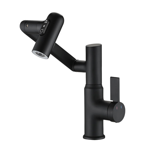 Modern Matte Black Brass Bathroom Sink Faucet with Spray Function, Temperature Display & 360° Rotary