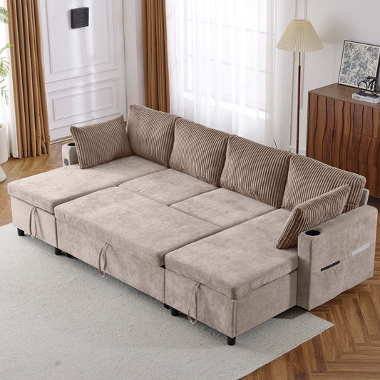 111.8' Sectional Sofa Pull-out Sofa Bed Versatile Sofa Sleeper with Large Storage Space, Two USB Ports and Two Cup Holders for Living Room, Brown