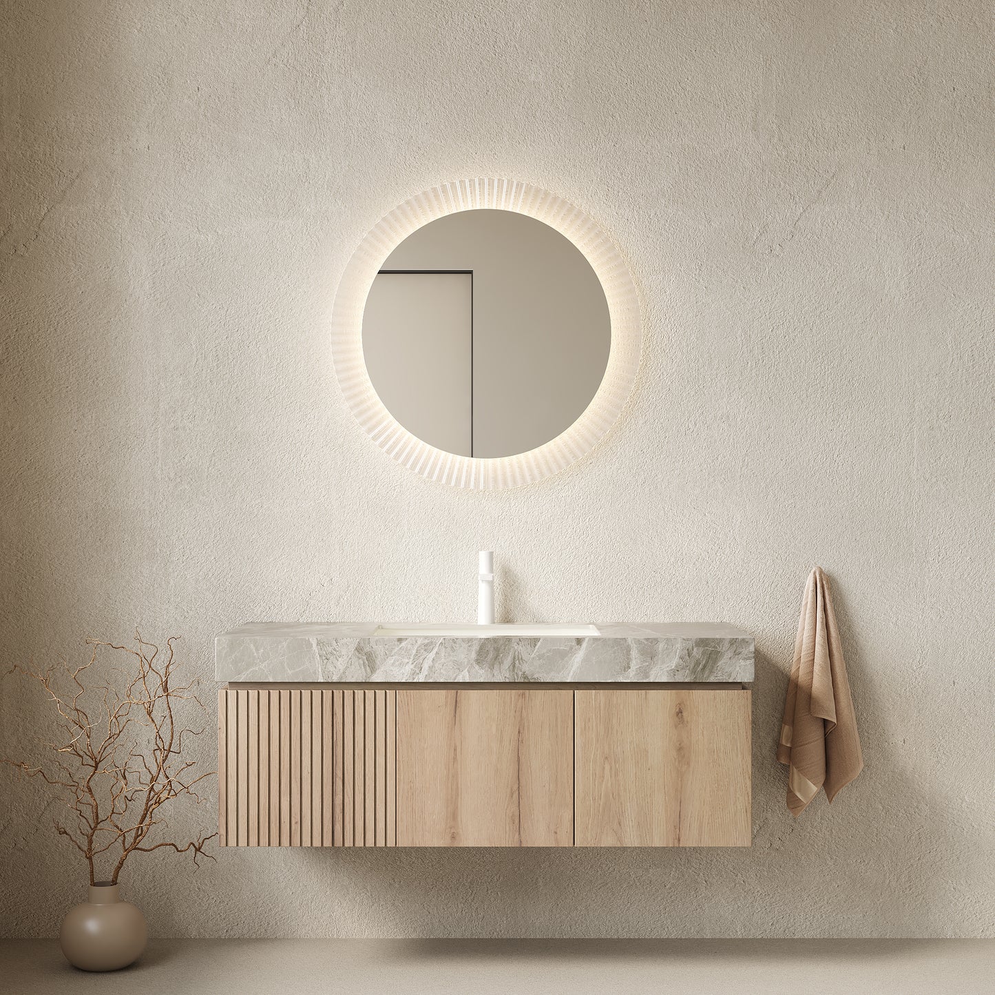 MURI 48' Bathroom Vanity with Sink, Floating Plywood Bathroom Storage Cabinet with Drawer and 2 Doors, Light Gray Sintered Stone Countertop with Basin, Pre-assembled,  White Oak Woodgrain Color