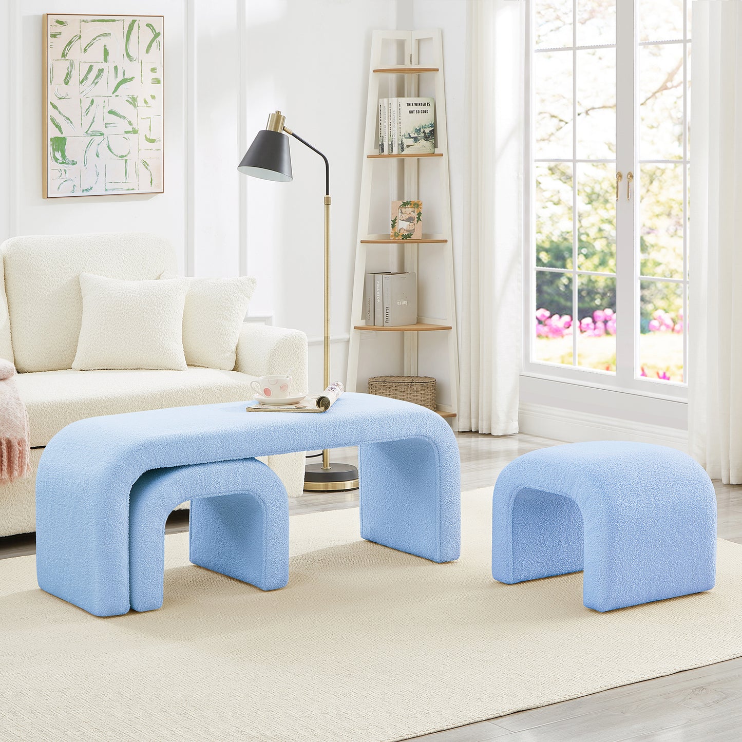 Set of 3 U-Shaped Modern Bench Teddy  Ottoman Bench for Entryway, Bedroom End of Bed, Set of 3 Small Sofa Footrest Extra Seating for Living Room, 44+18 Inch Bench Bench & Ottoman- Light Blue
