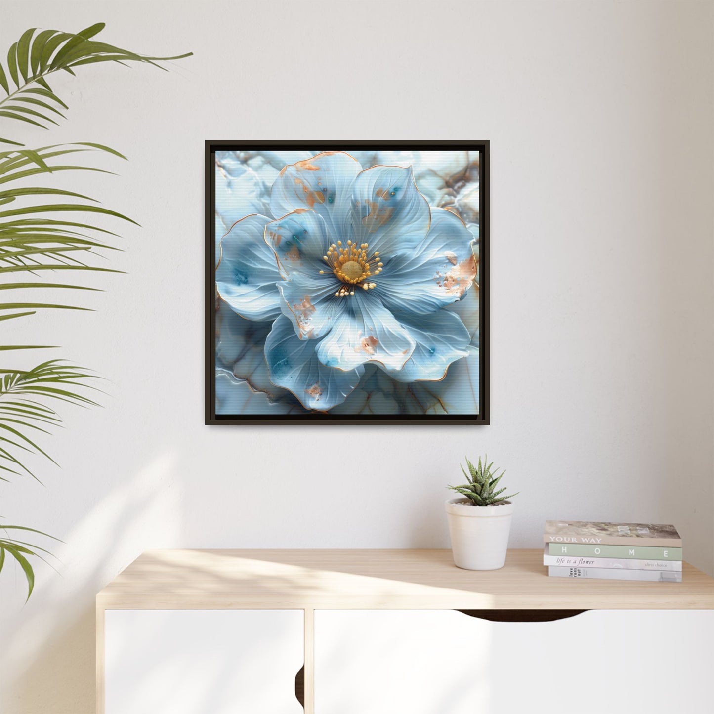 Elegant Sky-Blue Floral Matte Canvas Wall Art – Framed in White, Black, or Espresso | Modern Home & Office Decor