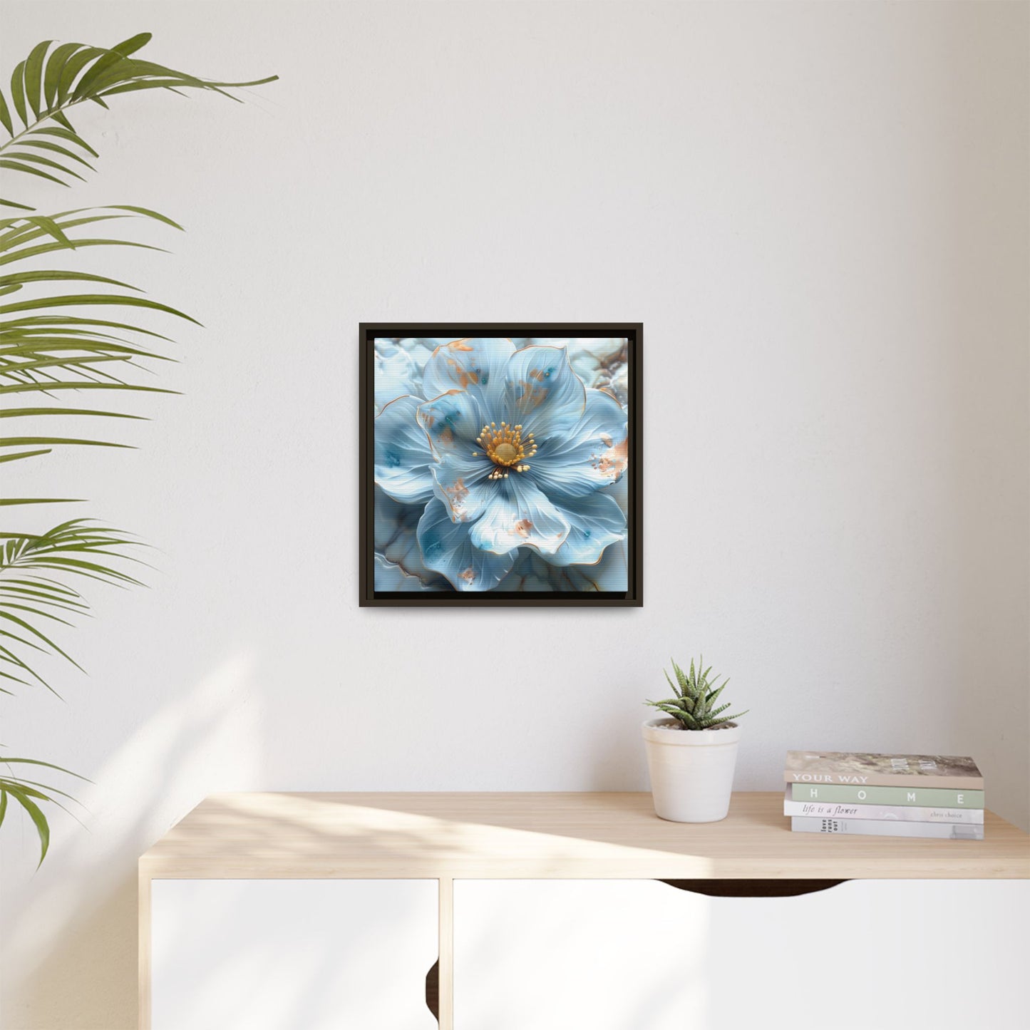 Elegant Sky-Blue Floral Matte Canvas Wall Art – Framed in White, Black, or Espresso | Modern Home & Office Decor