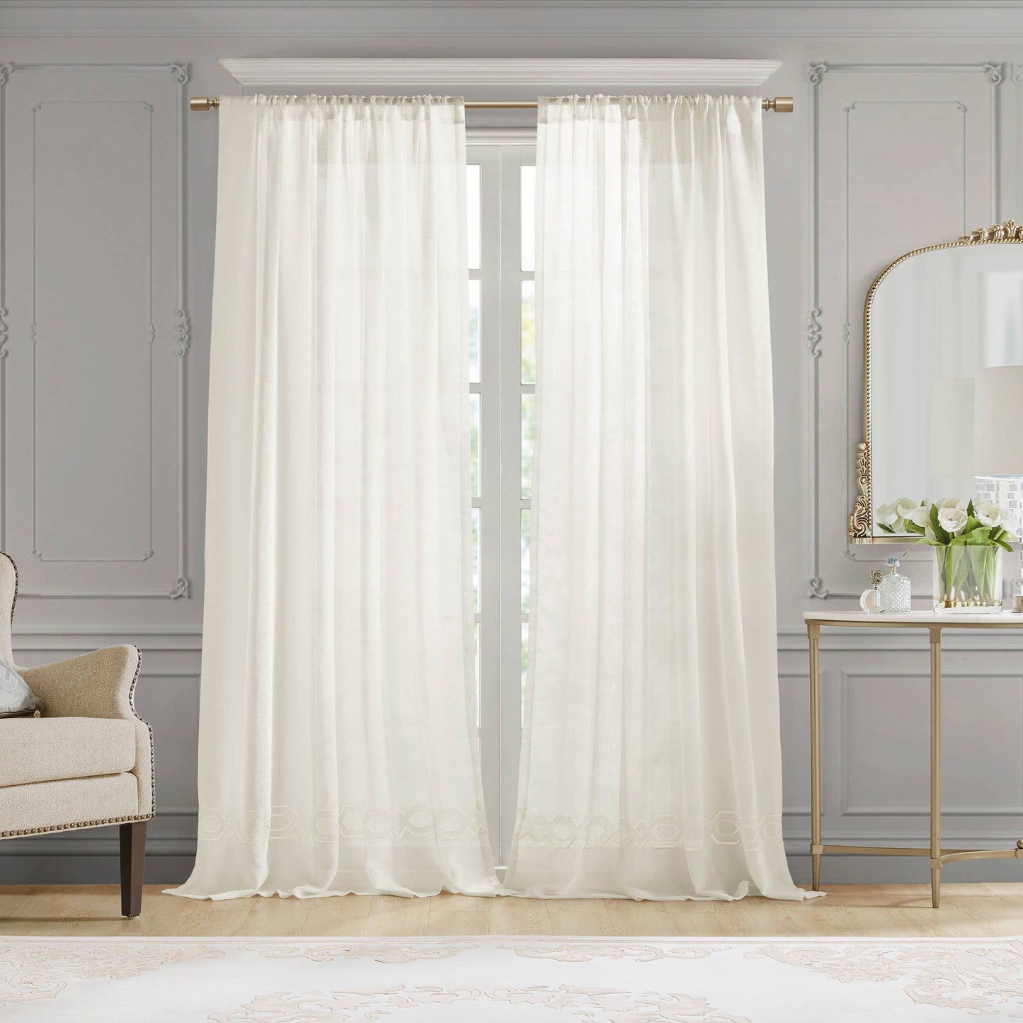 White Semi-Sheer Embroidery Curtain Panel (Single): 52x96"