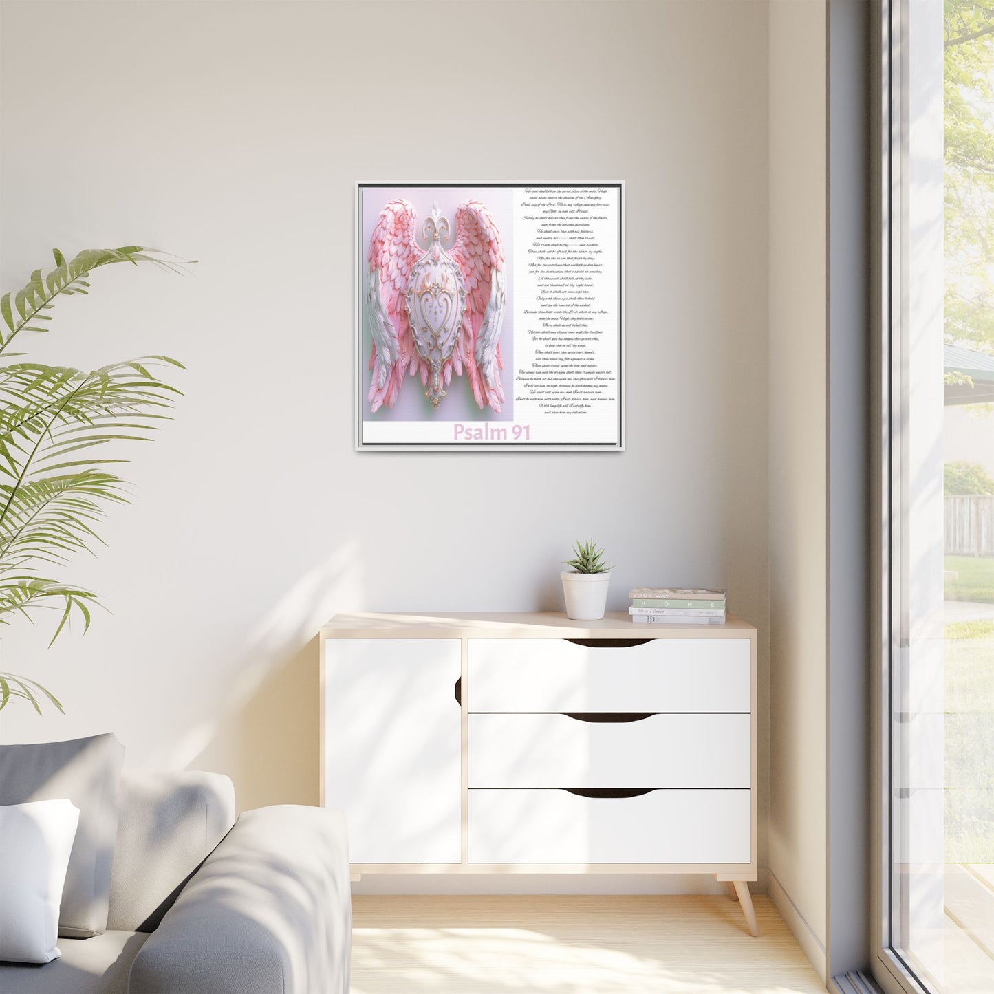Psalm 91 Angel Wings Matte Canvas Framed Wall Art — Devotional Prayer Quote