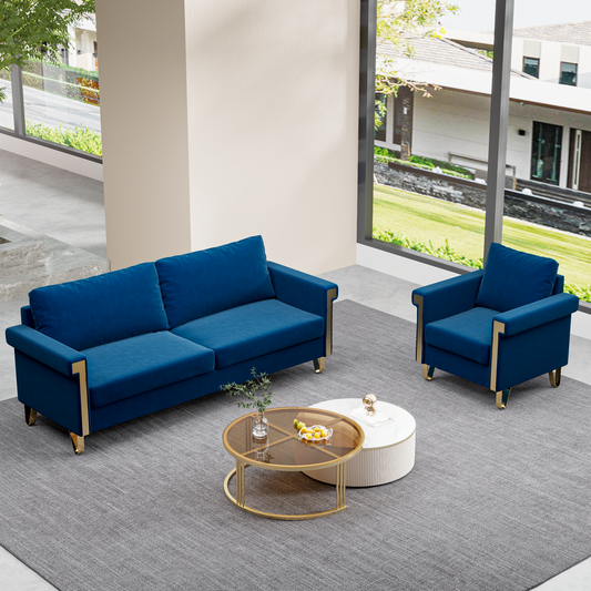 Luxury Blue Velvet Sofa and Chair Set – Modern 76.34INCH Sofa with Matching Armchair, Gold Metal Accents, and Soft Velvet Upholstery – Perfect for Living Room, Lounge, or Office Space