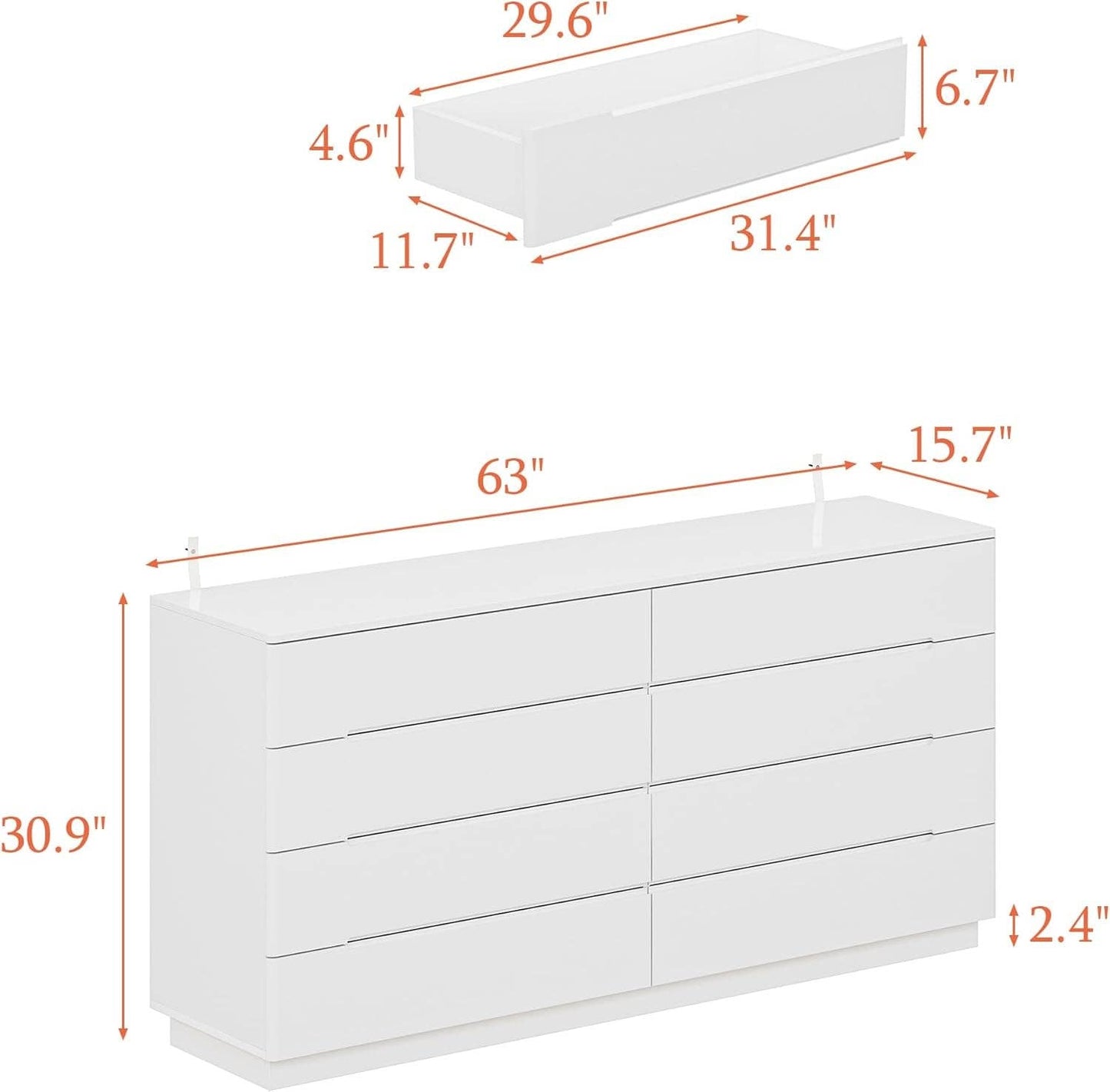 White Drawer Dresser with LED Light, Modern High Gloss Dresser with 8 Drawers, 63" Long Dresser Double Dresser Storage Chest of Drawer for Bedroom, Living Room, Entryway: White - 8 Drawers