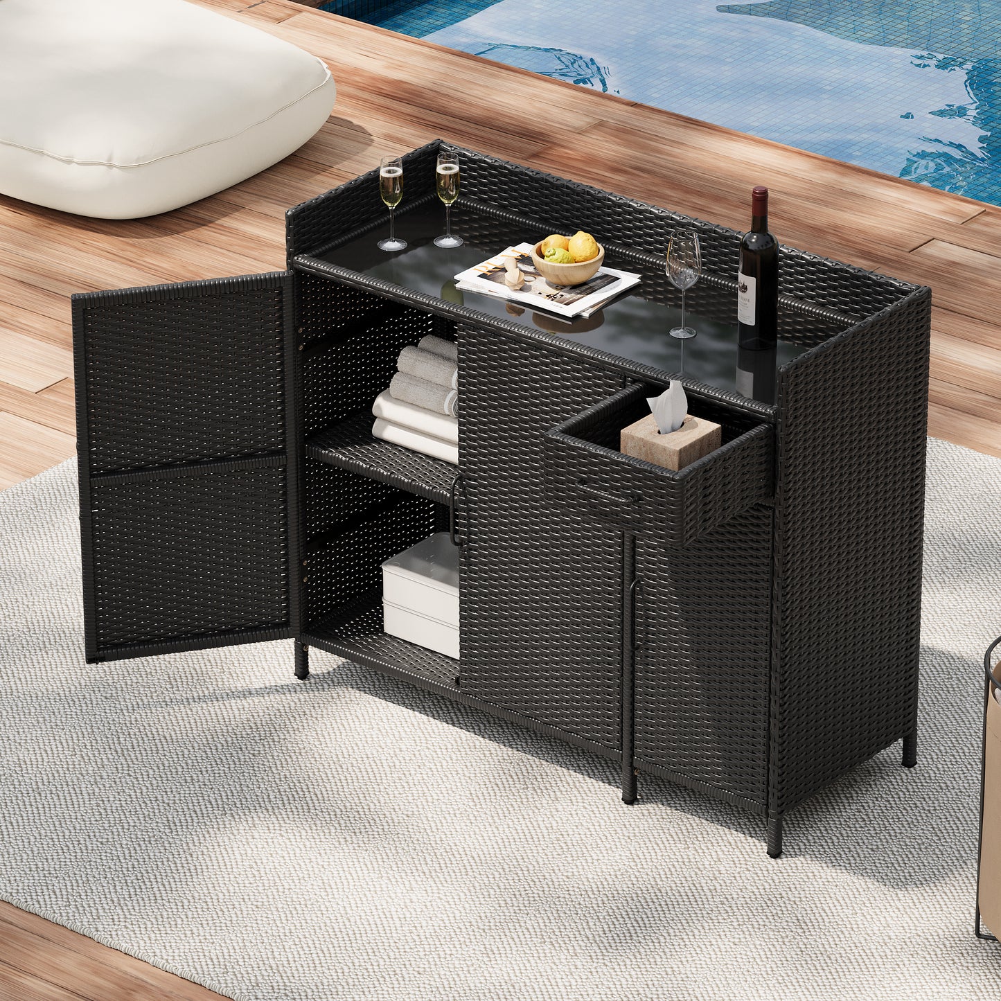 K&K 47.5'W Wicker Outdoor Storage Cabinet with Tempered Glass Desktop, Weather-proof Rattan Bar Table with Three Doors, Adjustable Shelf, and One Drawer, for Outdoor Cushions, Pool Toys , Black Brown