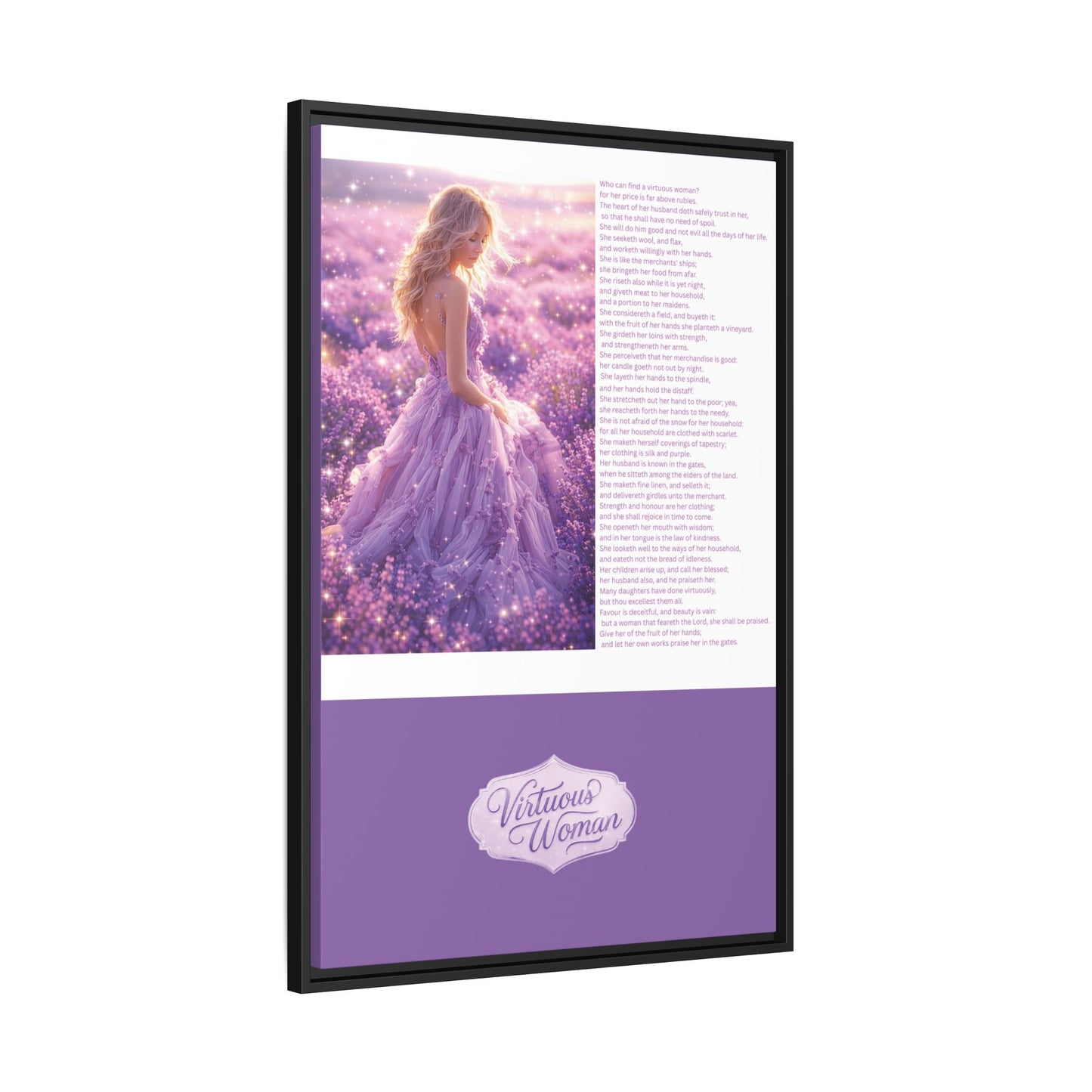 Virtuous Woman Canvas Wall Art – Proverbs 31 Scripture Inspired Lavender Field Painting, Elegant Christian Home Décor, Matte Framed Canvas Print