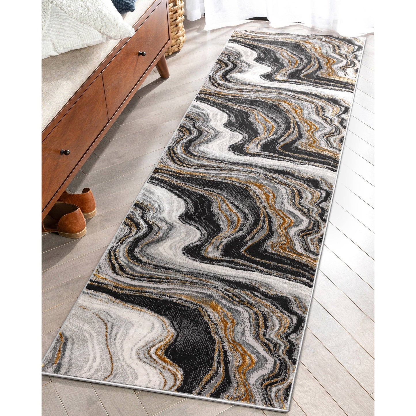 Warren Retro Abstract Waves Grey Glam Rug: 6'7" x 9'3"