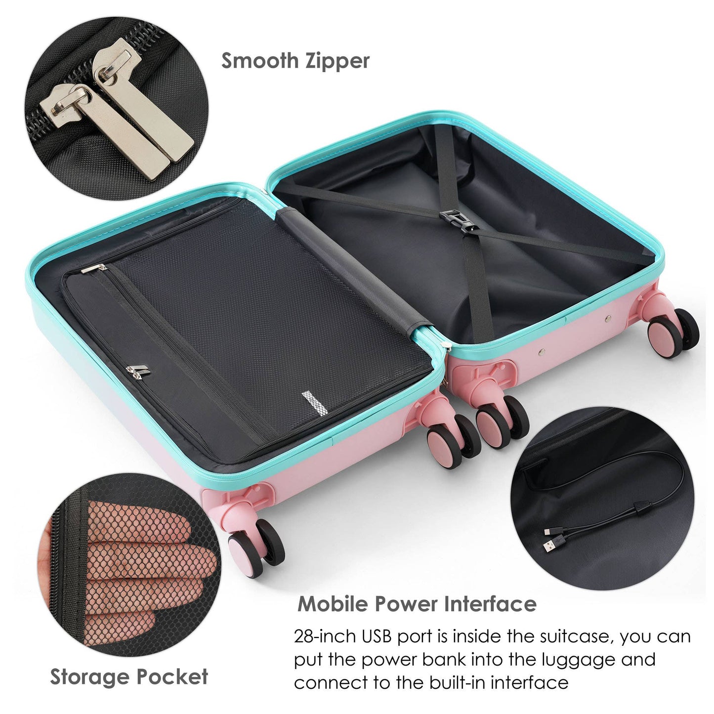 Luggage Set of 3, 20, 24, 28inch with USB Port: Blue
