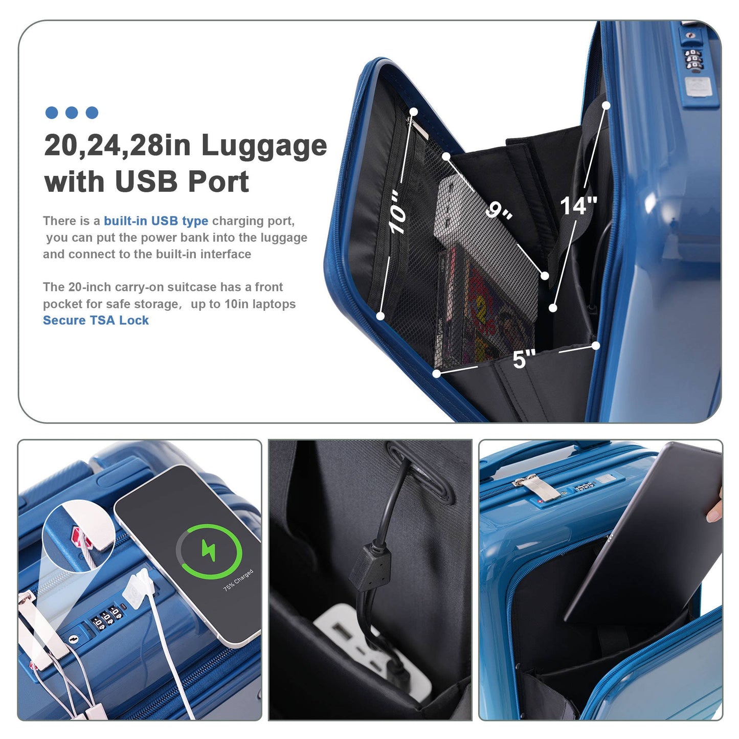 Luggage Set of 3, 20, 24, 28inch with USB Port: Blue