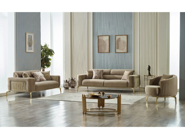 Armoni Livingroom Set Beige with Gold Legs - Side chair, Sofa and Love seat