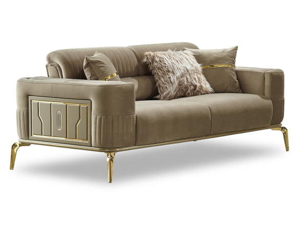 Armoni Livingroom Set Beige with Gold Legs - Side chair, Sofa and Love seat