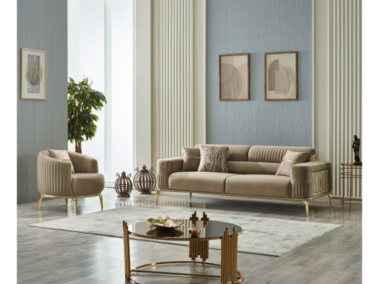 Armoni Livingroom Set Beige with Gold Legs - Side chair, Sofa and Love seat