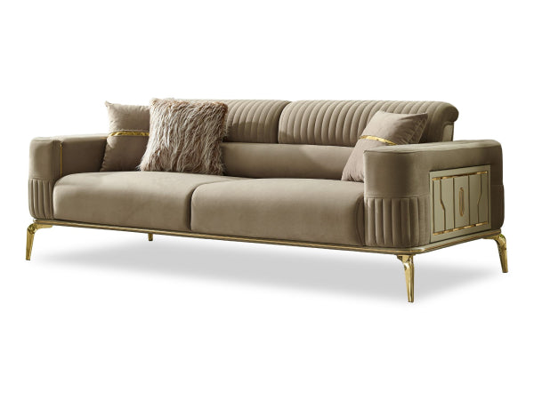 Armoni Livingroom Set Beige with Gold Legs - Side chair, Sofa and Love seat