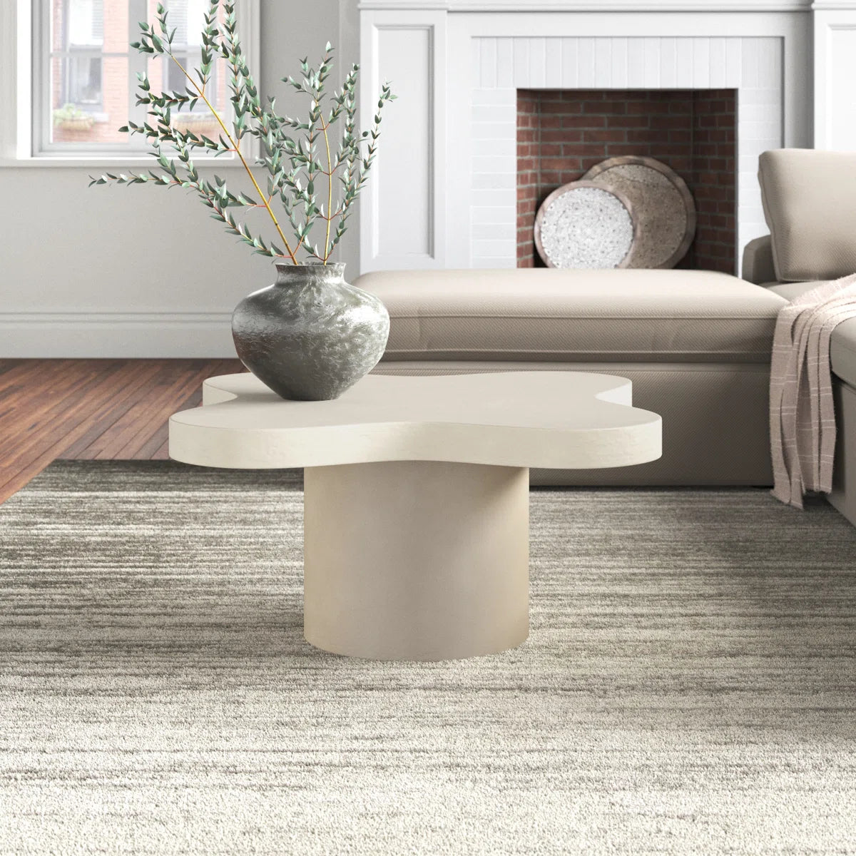 Scalloped White Coffee Table – Modern Pedestal Design with Textured Finish
