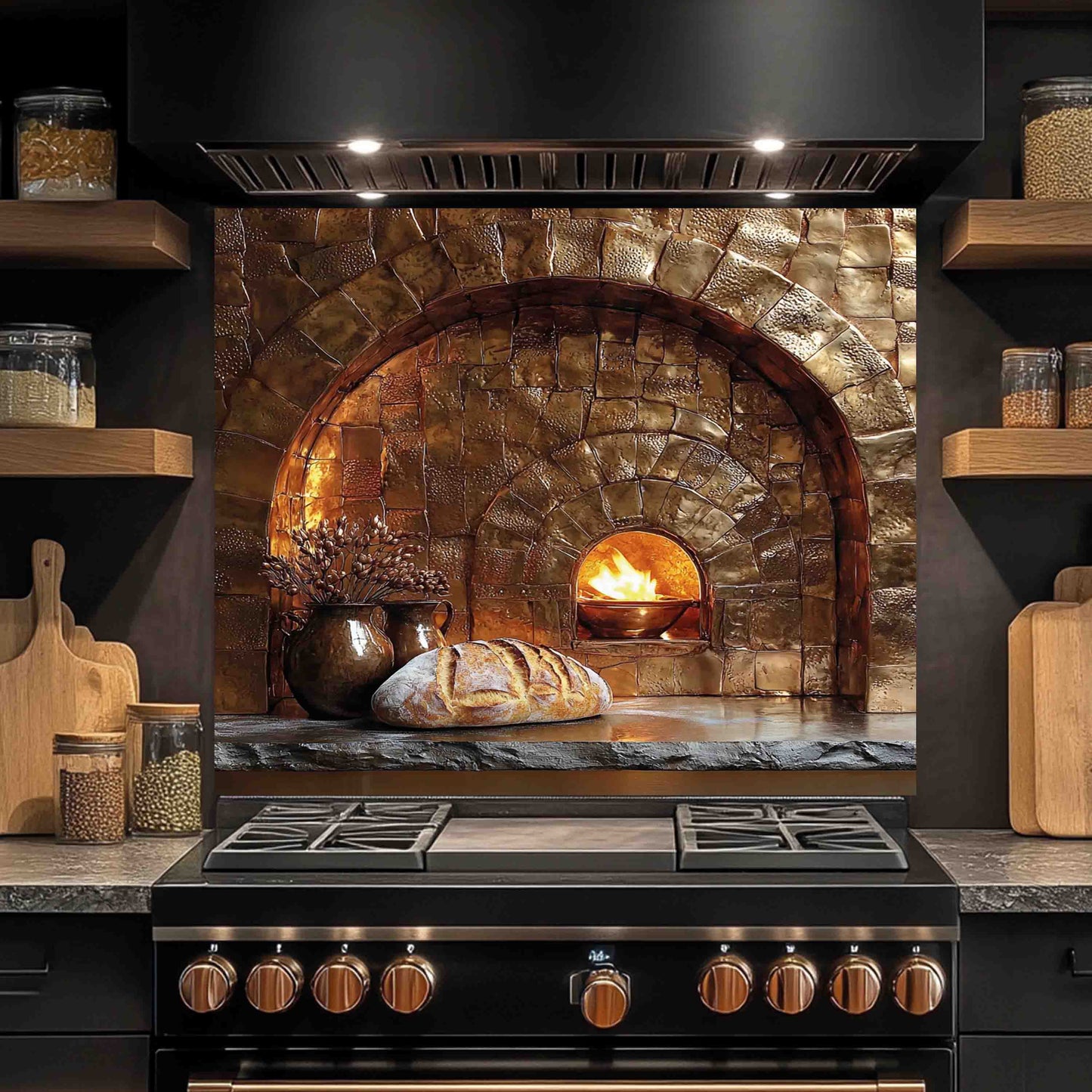 Firestone Hearth Tempered Glass Backsplash – Rustic Stone Oven Kitchen Backsplash: Adhere (Adhesive Silicone) / 24"Hx30"W | 61x76 cm