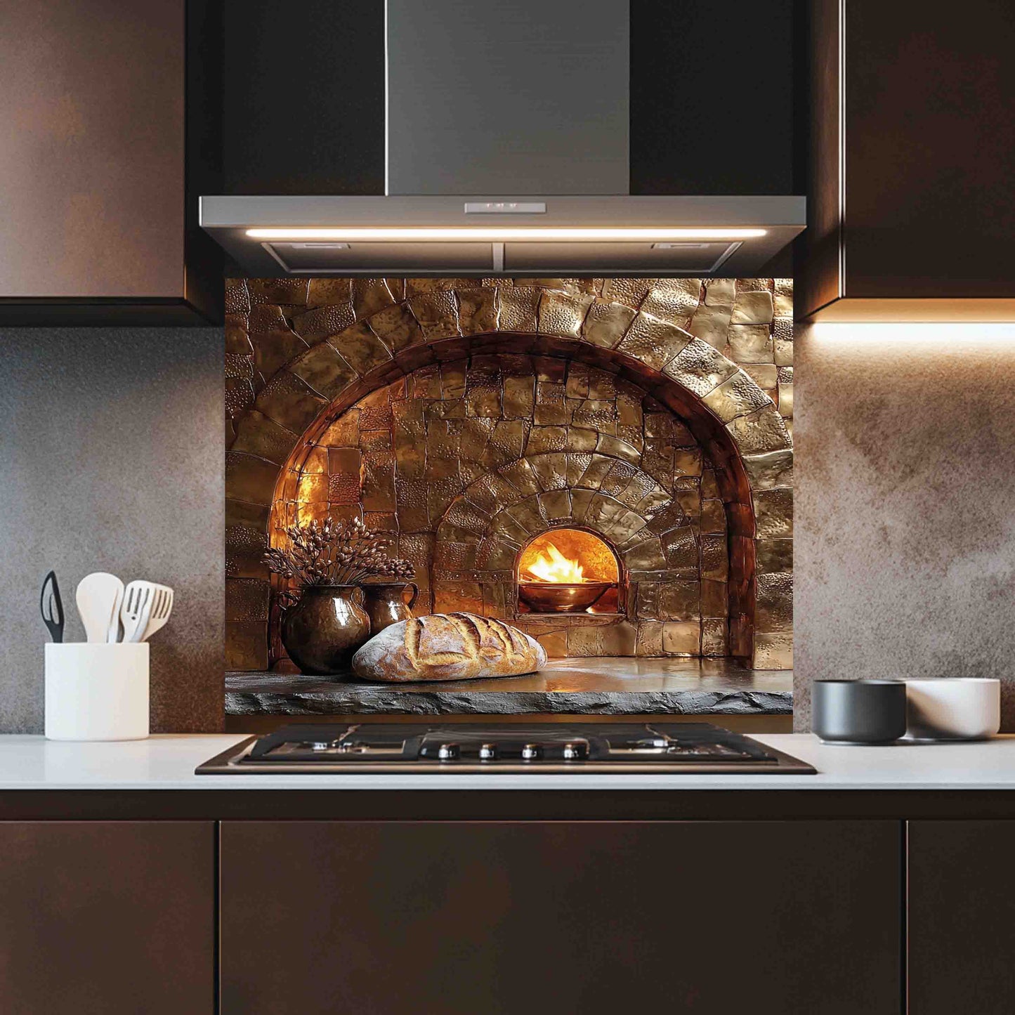 Firestone Hearth Tempered Glass Backsplash – Rustic Stone Oven Kitchen Backsplash: Adhere (Adhesive Silicone) / 24"Hx30"W | 61x76 cm