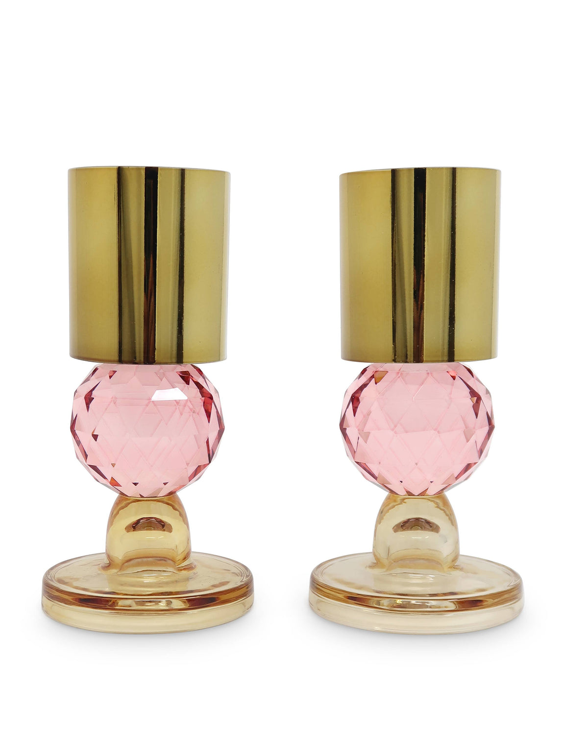 Set of Two Amber Gold And Pink Faceted Crystal Tabletop Taper Candlesticks