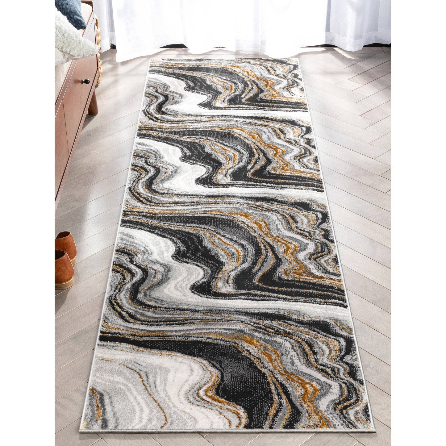 Warren Retro Abstract Waves Grey Glam Rug: 6'7" x 9'3"