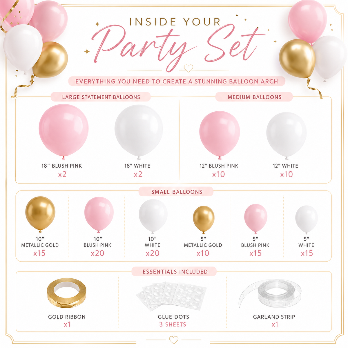 140pcs Pink Gold Balloon Arch Kit with Long Balloons for