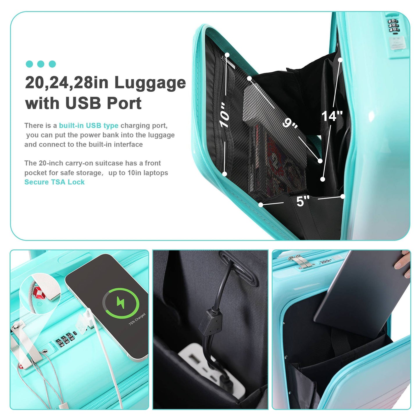 Luggage Set of 3, 20, 24, 28inch with USB Port: Blue