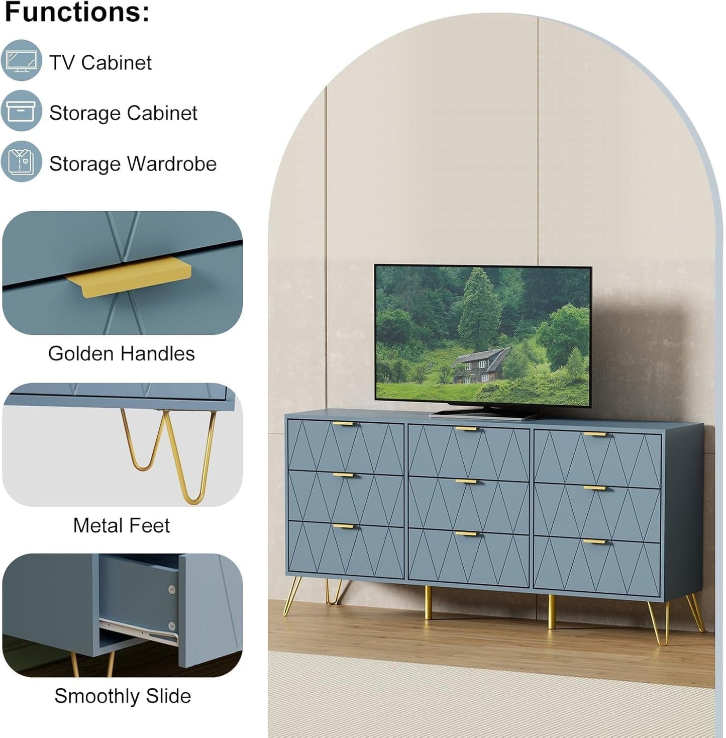 Blue Industrial WalnutFinish Dresser With Wide Drawers