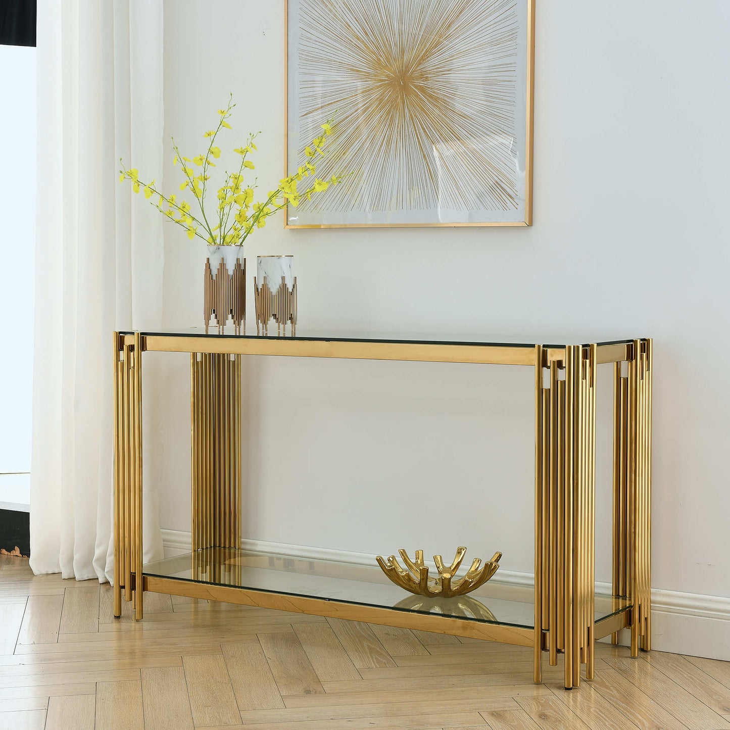 Modern Glass Console Table, 55' Gold Sofa Table with Sturdy Metal Frame and Clear Tempered Glass Top, for Living Room Entryway Bedroom, Gold Finish