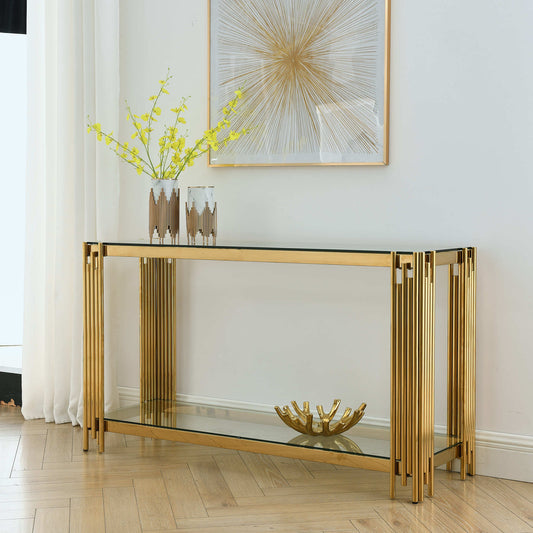 Modern Glass Console Table, 55' Gold Sofa Table with Sturdy Metal Frame and Clear Tempered Glass Top, for Living Room Entryway Bedroom, Gold Finish
