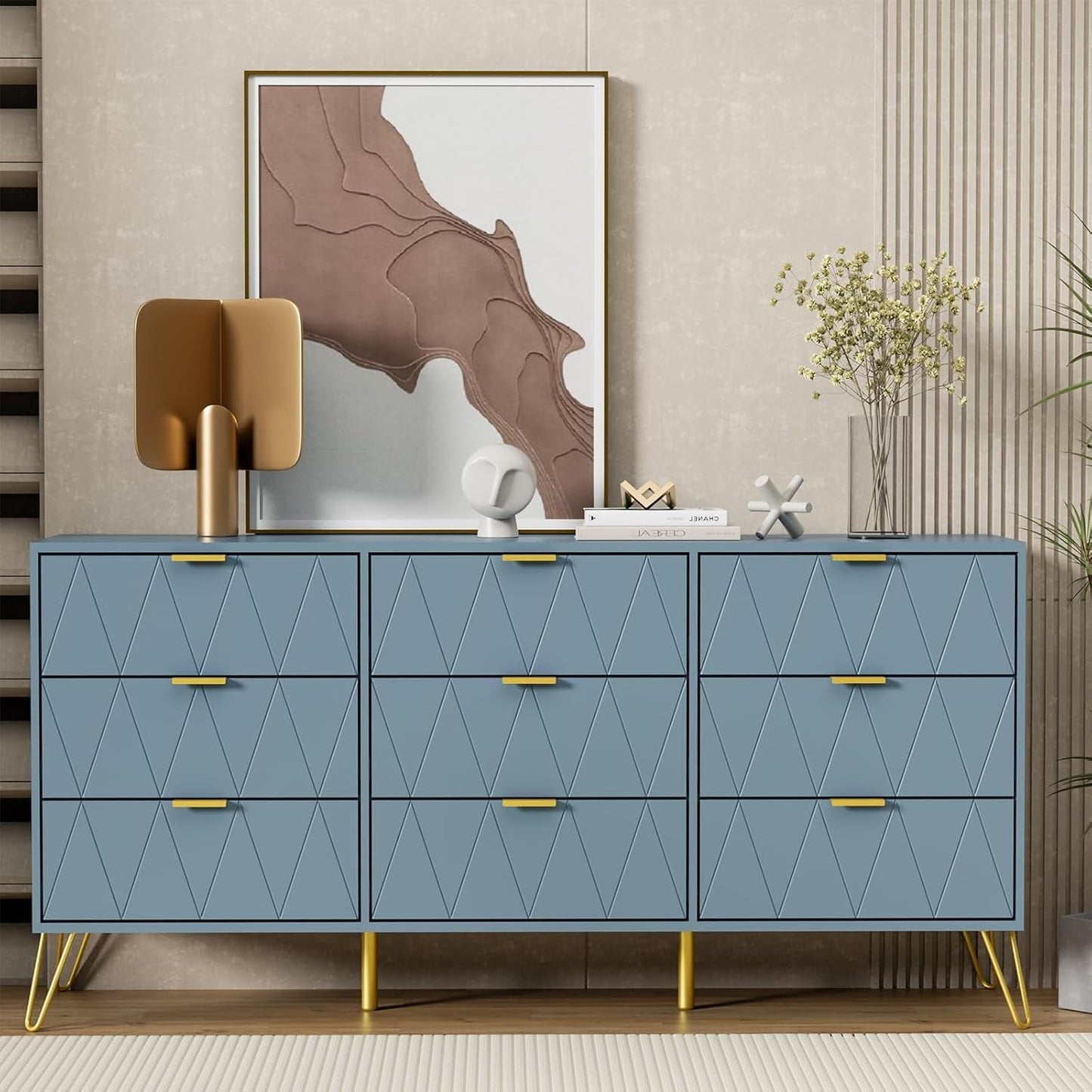 Blue Industrial WalnutFinish Dresser With Wide Drawers