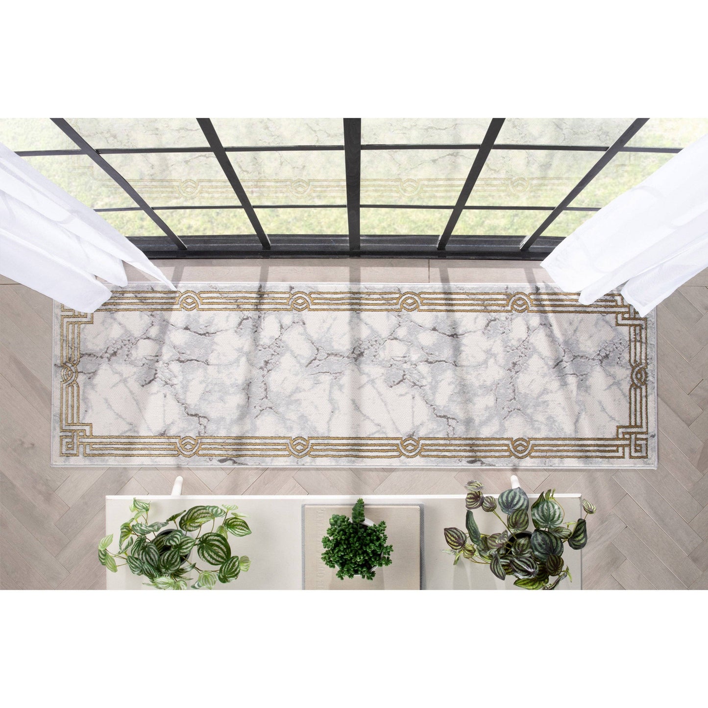 Huntington Retro Marble Border Ivory Glam Rug: 7'10" x 9'10"