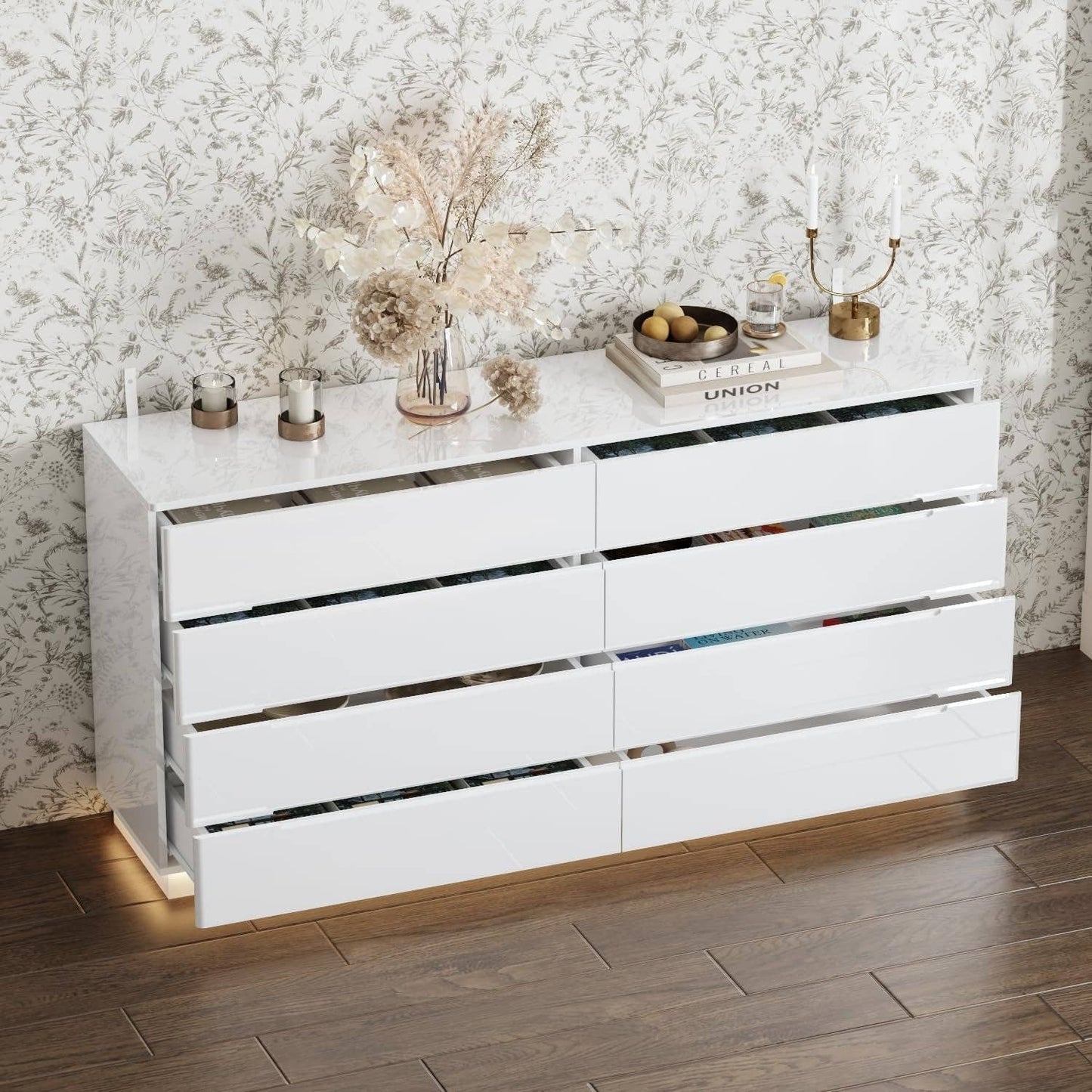 White Drawer Dresser with LED Light, Modern High Gloss Dresser with 8 Drawers, 63" Long Dresser Double Dresser Storage Chest of Drawer for Bedroom, Living Room, Entryway: White - 8 Drawers