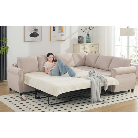 [NEW ARRIVED] [VIDEO PROVIDED] Sleeper Sofa, 2 in 1 Pull Out Couch Bed,6 seater sofa bed, L Shaped Sleeper Sectional Sofa Couch,Riveted sofa,104'' Large combined sofa Bed in living room,  BEIGE