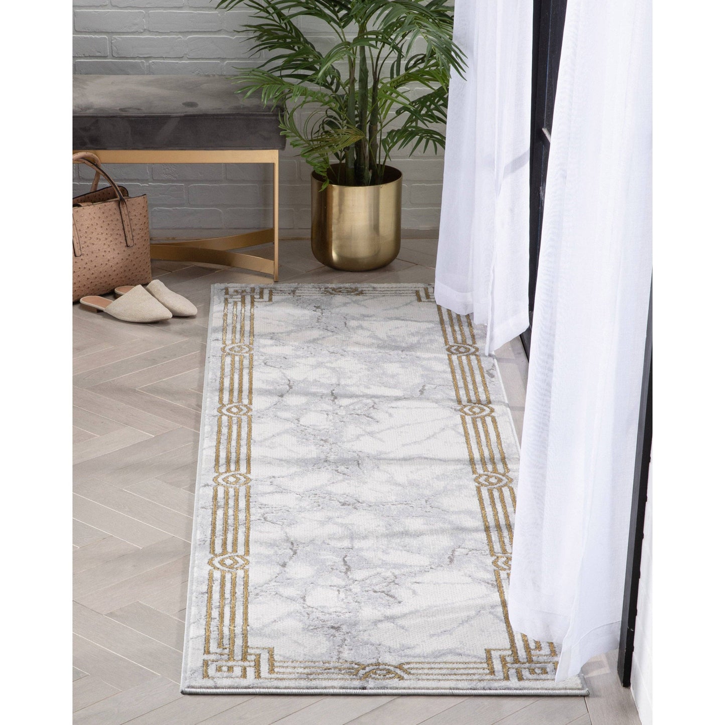 Huntington Retro Marble Border Ivory Glam Rug: 7'10" x 9'10"