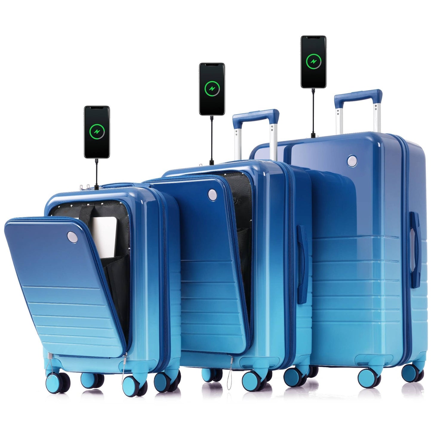 Luggage Set of 3, 20, 24, 28inch with USB Port: Blue