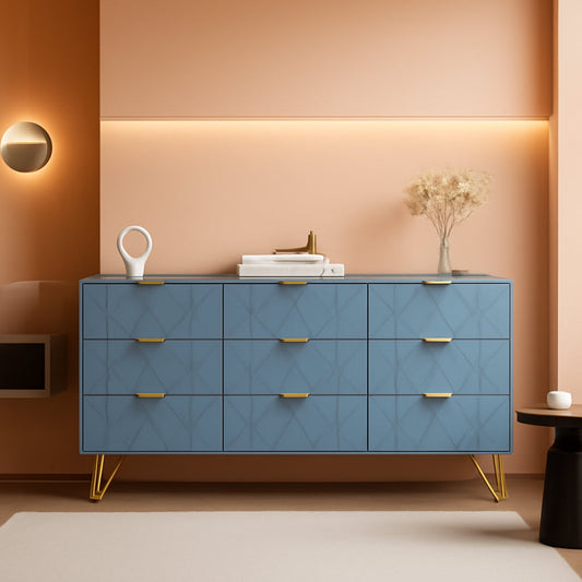 Blue Industrial WalnutFinish Dresser With Wide Drawers