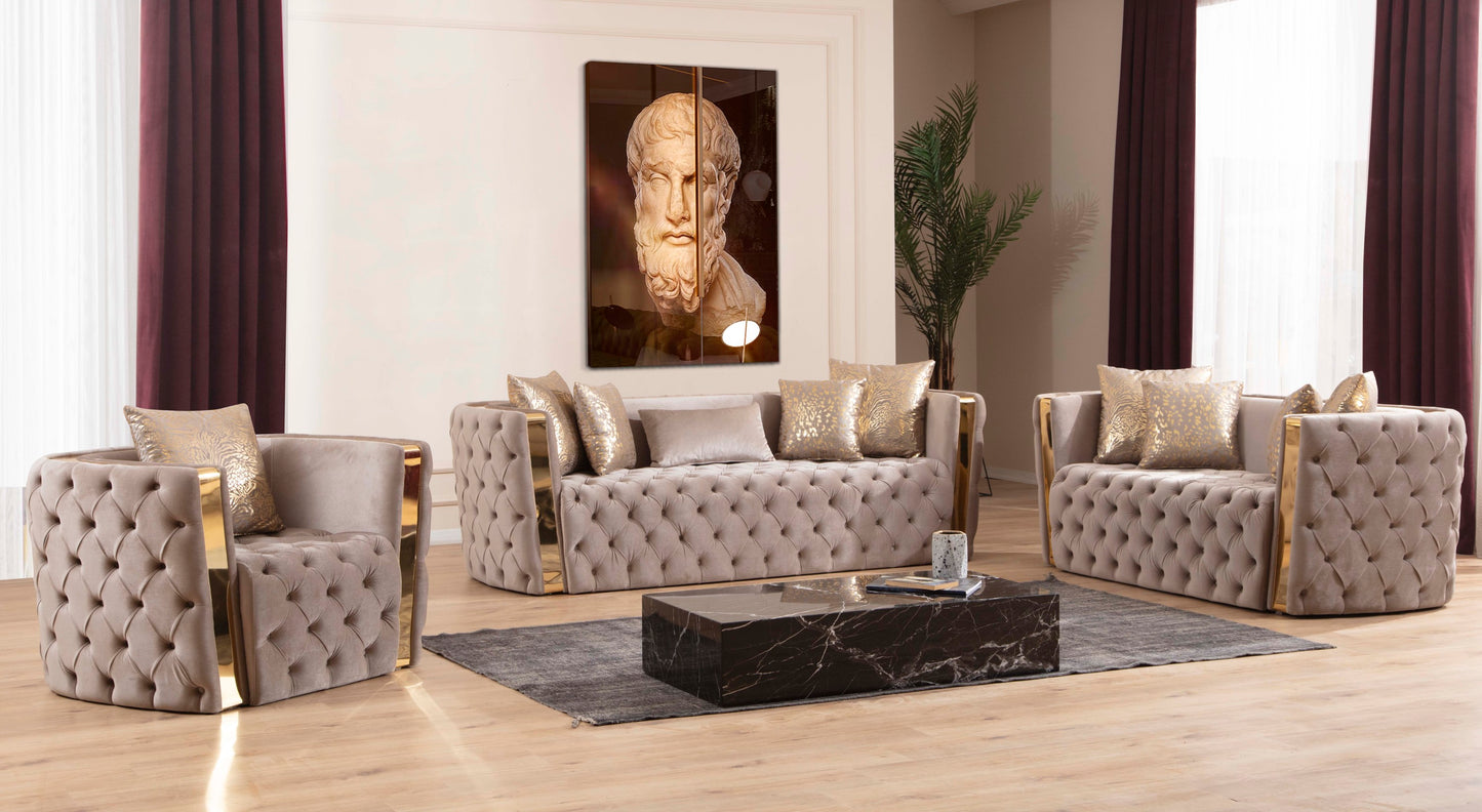 Naomi Button Tufted 3 Pc Set with Velvet Fabric and Gold Accent in Taupe (NJ INVENTORY)