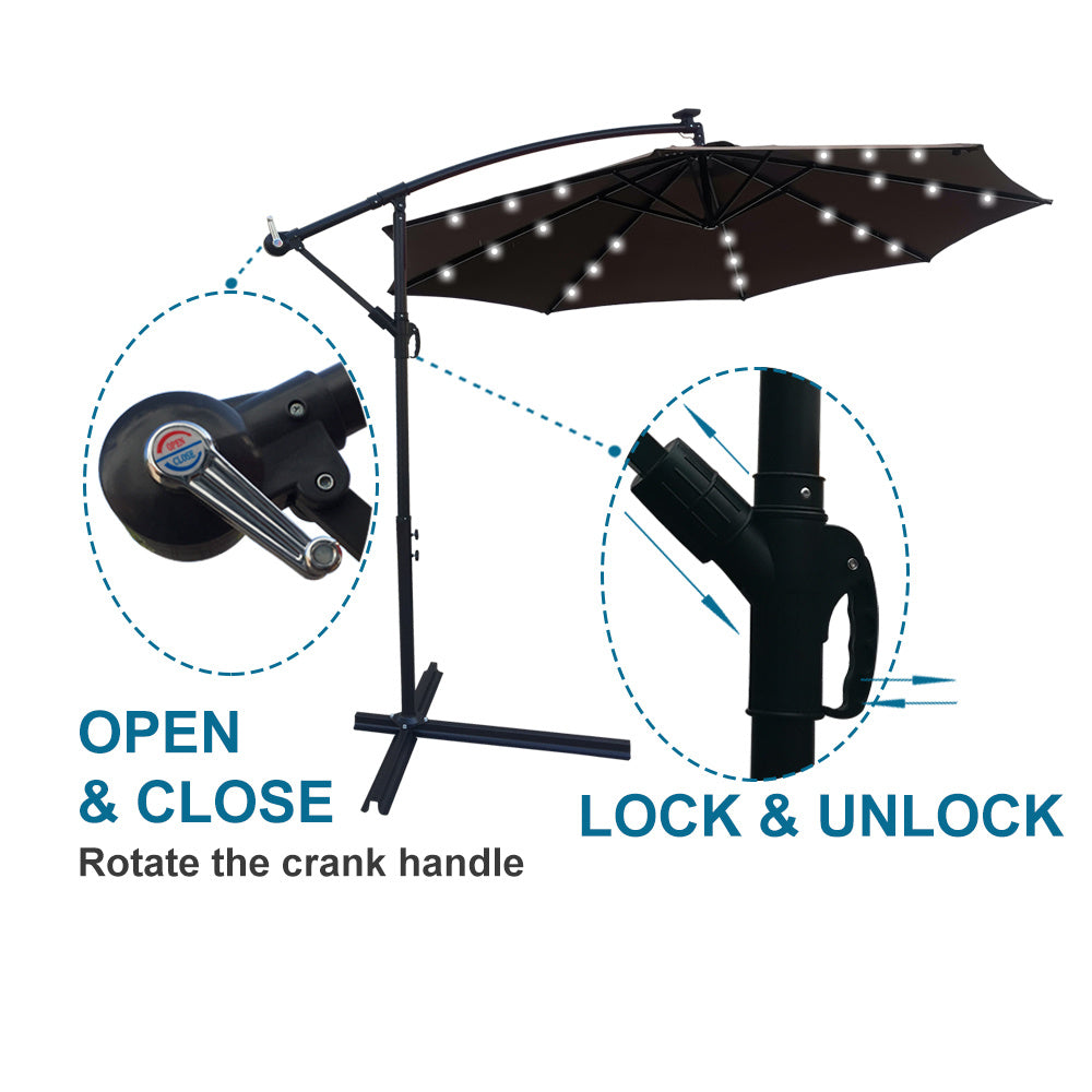 10 ft Outdoor Patio Umbrella Solar Powered LED Lighted Sun Shade Market Waterproof 8 Ribs Umbrella with Crank and Cross Base for Garden Deck Backyard Pool Shade Outside Deck Swimming Pool