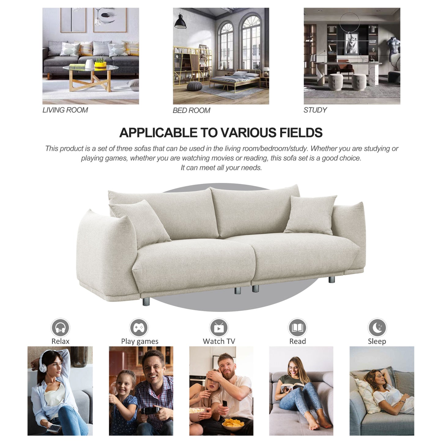 3-seater + 2-seater + 1-seater combination sofa Modern Couch for Living Room Sofa, Solid Wood Frame and Stable Metal Legs, 5 Pillows,