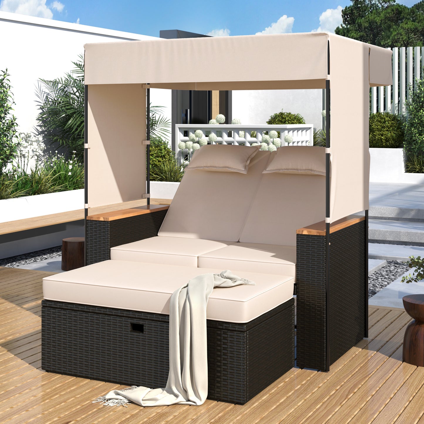 TREXM 2-Piece Rattan Outdoor Patio Bench Lounge Roof Set, Effective UV Protection Fabric & Waterproof Cushions and Adjustable Backrest for Garden, Backyard and Porch (Brown Wicker + Beige Fabric)