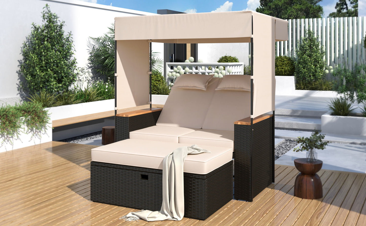TREXM 2-Piece Rattan Outdoor Patio Bench Lounge Roof Set, Effective UV Protection Fabric & Waterproof Cushions and Adjustable Backrest for Garden, Backyard and Porch (Brown Wicker + Beige Fabric)