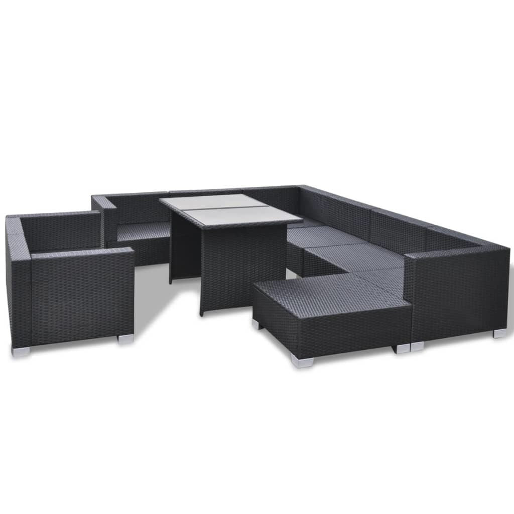 10 Piece Patio Lounge Set with Cushions Poly Rattan Black